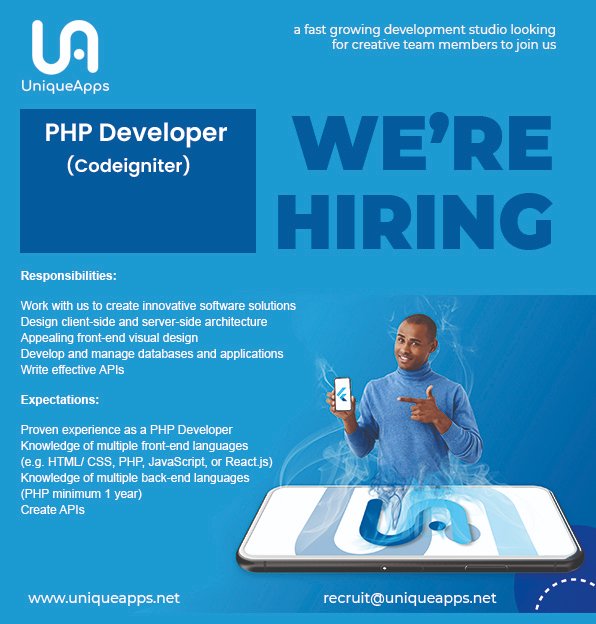 uniqueappsnet's tweet photo. We're hiring! We are looking for a PHP Developer - Codeigniter to come and join our team.

#hiring #php #codeigniter #laravel #phpdevelopers #recruitment #flutterdeveloper #developerdiaries #EmploymentNews https://t.co/mzRQWfmDIw