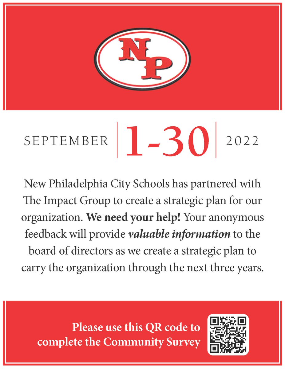 NPCitySchools's tweet photo. Your Voice Matters!!
As we work to develop a new Strategic Plan, we have an opportunity for you to provide anonymous feedback through a community survey conducted by the Impact Group. The survey will be open for input from Sept. 1st - Sept. 30th  
#ExperienceNP #NPCommUNITY https://t.co/drcPtjqwYK