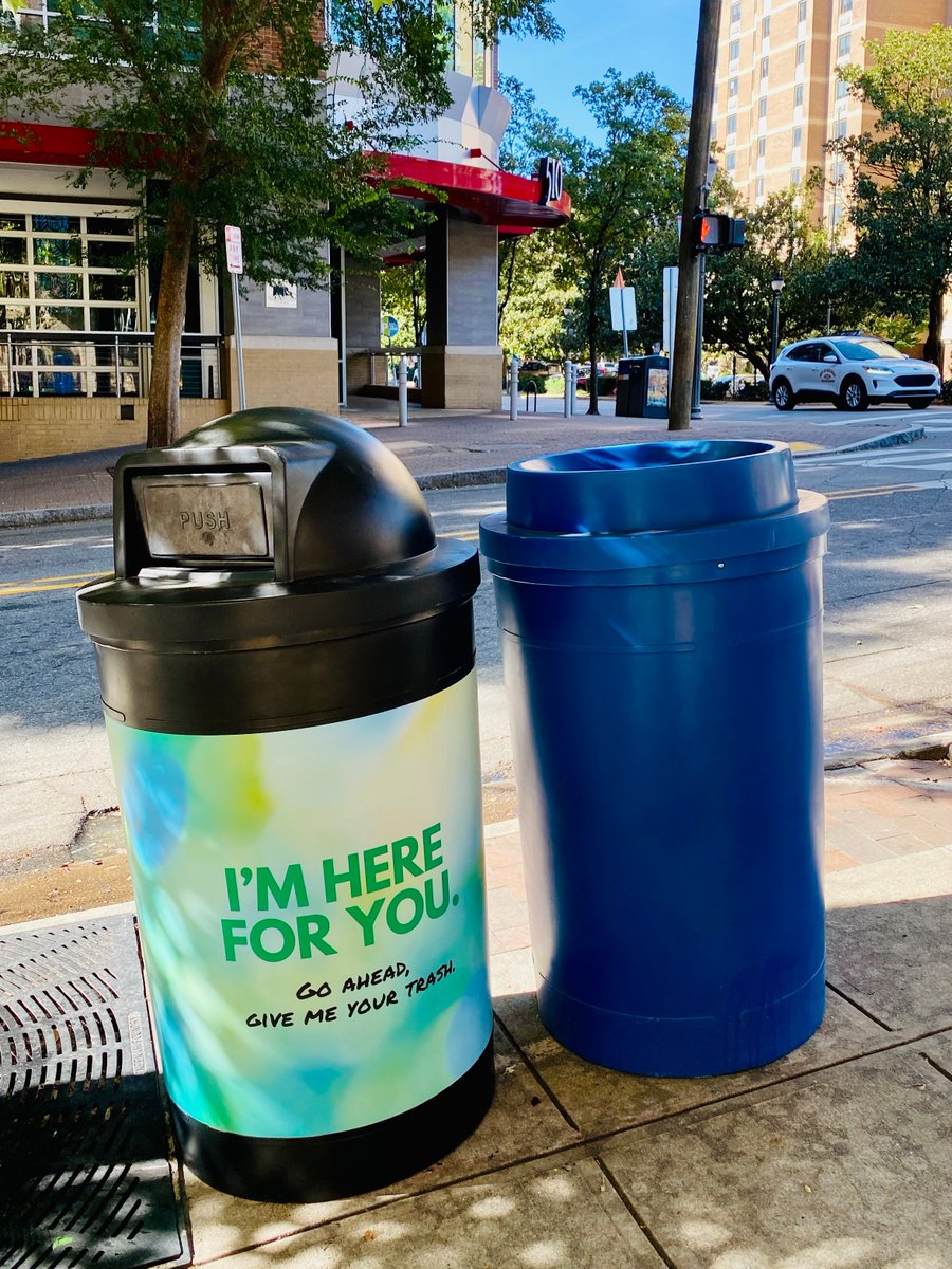RaleighTranspo's tweet photo. Hey! I'm "talking" to you!😃
Check out the new recycling and trash receptacles on Glenwood - wrapped with fun, colorful messages encouraging passers-by to toss their stuff in the can instead of the sidewalk or street. More to come! #thinkclean https://t.co/1NvN5TZ0x8