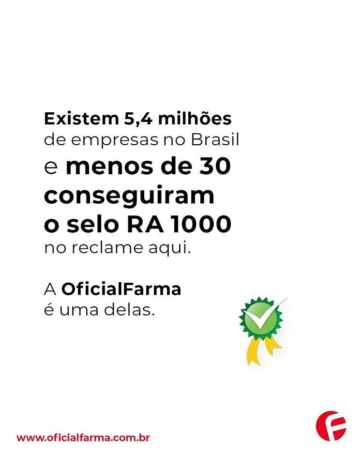 Para conseguir o selo RA1000, do Reclame Aqui, a empresa precisa prestar um excelente atendimento ao cliente.

Menos de 30 empresas no Brasil conseguiram esse selo e a Oficialfarma é uma delas!👏👏
