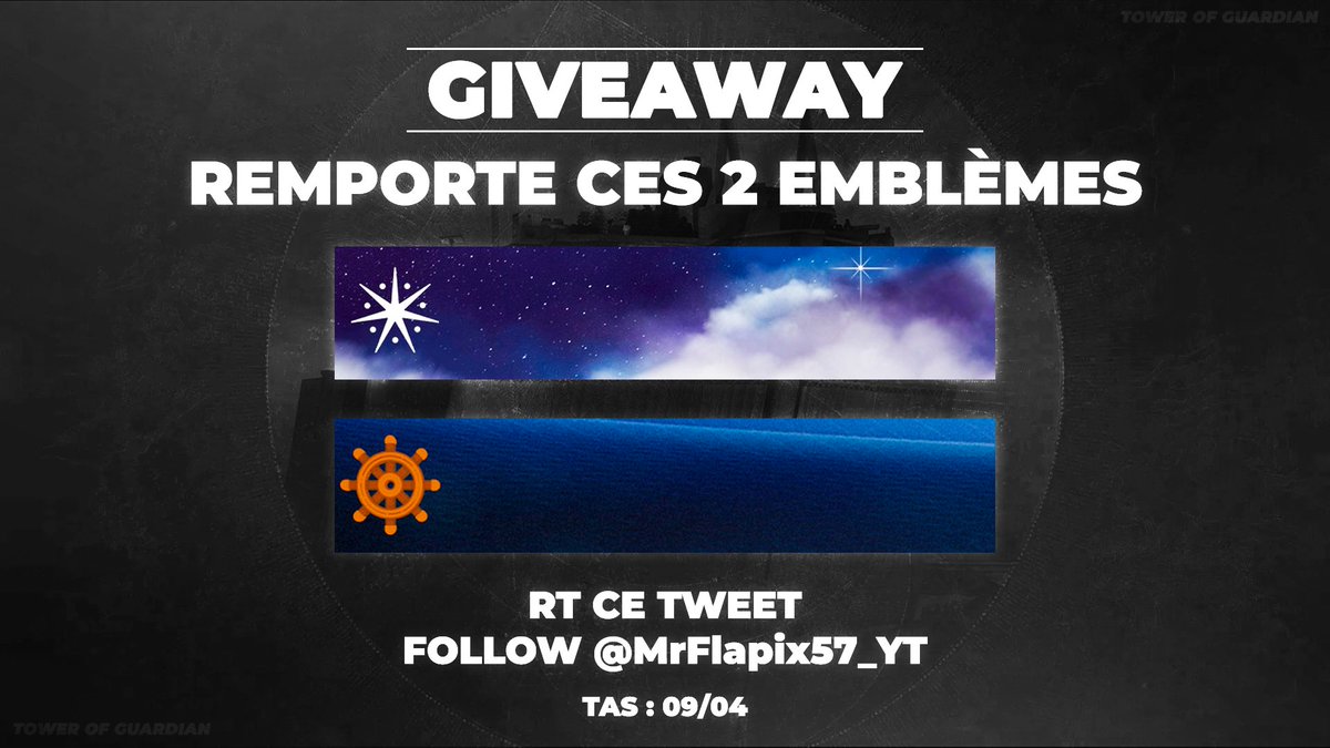 🎁 #Giveaway 🎁

Gagne ces 2 #emblem sur #destiny2 🔥

Scientia Illuminata &amp; Exospheric Voyage ❤️

Pour participer :
✅ #RT ce tweet
✅ Follow 
<a href="/MrFlapix57_YT/">Flapix 🧟‍♂️</a>

TAS : 04/09/22

Bonne chance 🍀