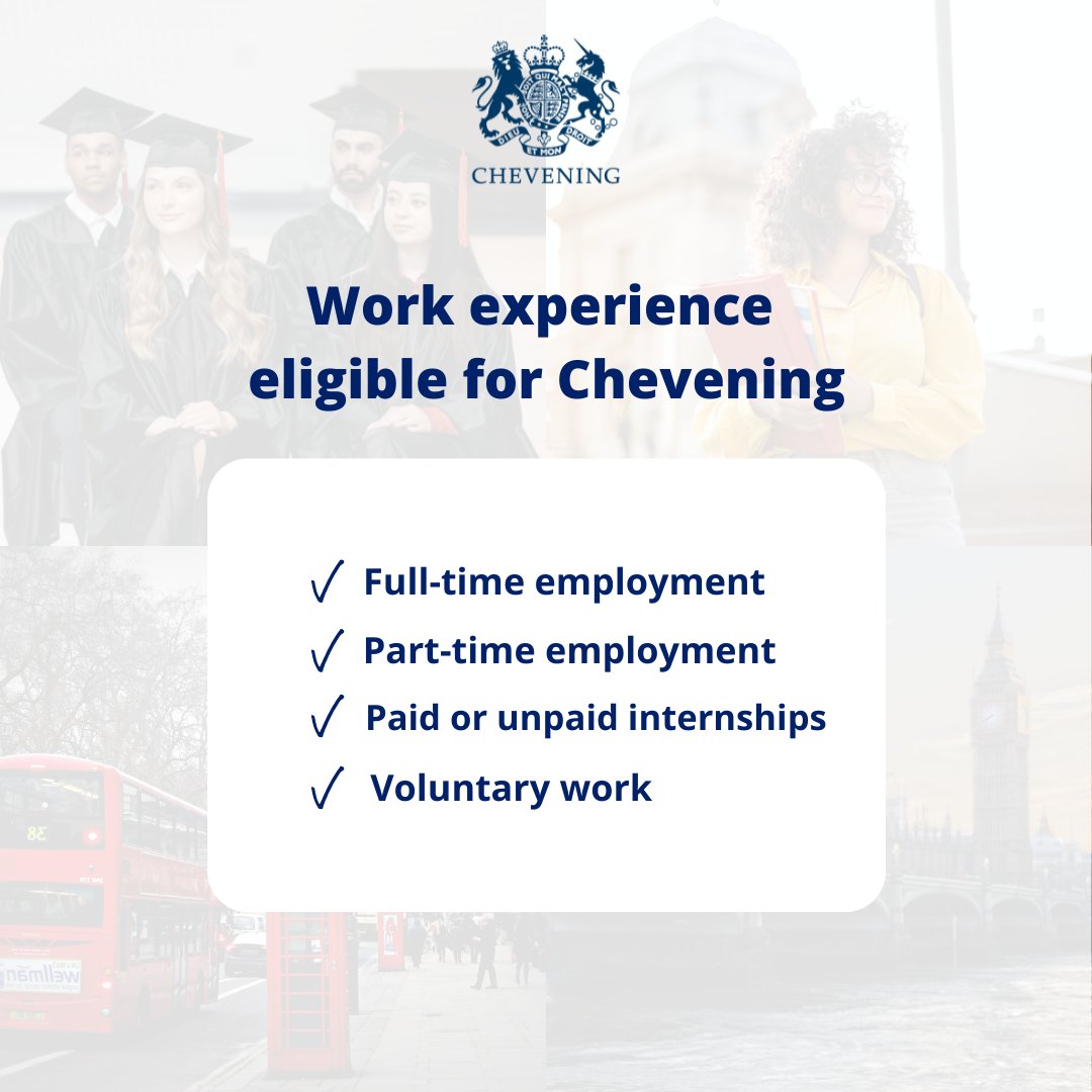 UKinMorocco's tweet photo. One of the key requirements for applying for Chevening is having at least two years of work experience, equivalent to 2,800 hours. 💼

Professional experience can include all these types of employment. 

#apply #scholarship #studyaborad #EducationMonth #Chevening https://t.co/N1B41MKlly