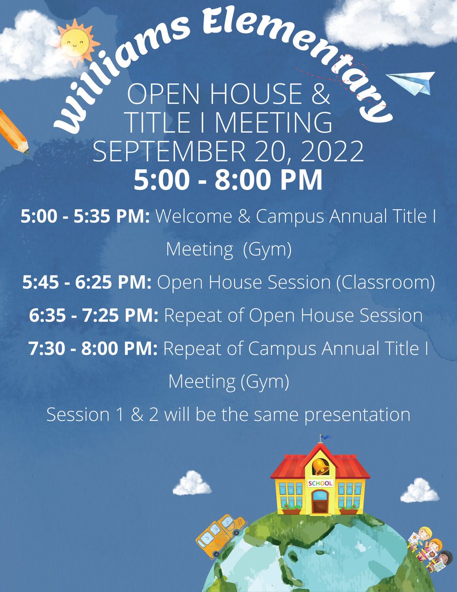 Please join us for our annual Title I meeting and Open House event. There are lots of exciting things happening at Williams ES, come hear all about them!
#WilliamsElementaryLCISD #WranglerPride #LamarCISD #BeThe1