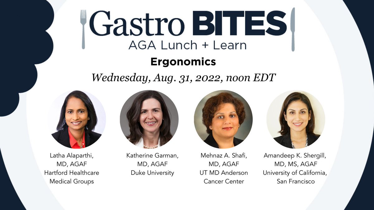 AmerGastroAssn's tweet photo. The Gastro Bites session on #ergnomics starts today at noon ET. Don't miss insights from Drs. @latha_alaparthi, Katherine Garman, @gi_docshafi and @ShergillMD on how to best prevent endoscopic musculoskeletal pain and injury in GIs.  Register now. https://t.co/RNTAcFdOPx https://t.co/TBr1d759al