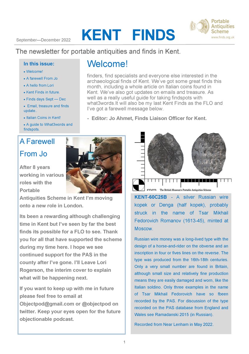 News from PAS in Kent. Check out the full post at the link below. Last one from Jo the FLO, who'll be off in September to pastures new. Pdf version available on request and paper version coming soon.

finds.org.uk/counties/kent/…

#metalDetecting
#RecordYourFinds
#ResponsibleDetecting