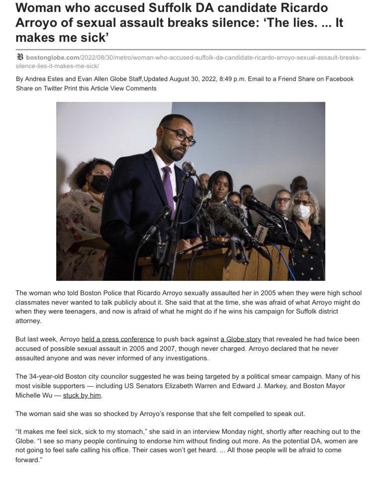 BostonFRU's tweet photo. โThe woman said she stands by everything she alleged to police about @RicardoNArroyo in 2005:the coerced sex, the mental manipulation, threats she said he sent her.โ
โI donโt want him to think I fear him,โ she said. โI fear what could happen if he gets into a position of power.โ https://t.co/H8sc4gh9oV