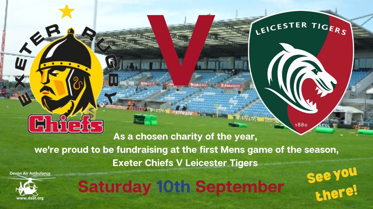 DevonAirAmb's tweet photo. We are so excited that Devon Air Ambulance has been chosen by @ExeterChiefs as one of their chosen charities for the upcoming Rugby season and we'll be raising funds at the FIRST men's match of the season: Exeter Chiefs V @LeicesterTigers on Sat 10th September!
#exeterrugbyβ€οΈπ https://t.co/6tR7YItdwy