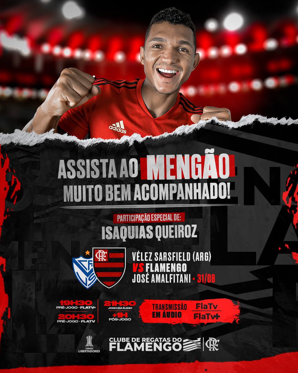 Flamengo's tweet photo. É HOJE, Nação! 

O MENGÃO enfrenta o Vélez (ARG), às 21h30, no José Amalfitani, no jogo de ida da semifinal da Conmebol Libertadores! Acompanhe a transmissão em áudio da FlaTV+ e da FlaTV! 

O pré-jogo (com imagens) começa às 19h30 na FlaTV+! https://t.co/yeORcMOAMP