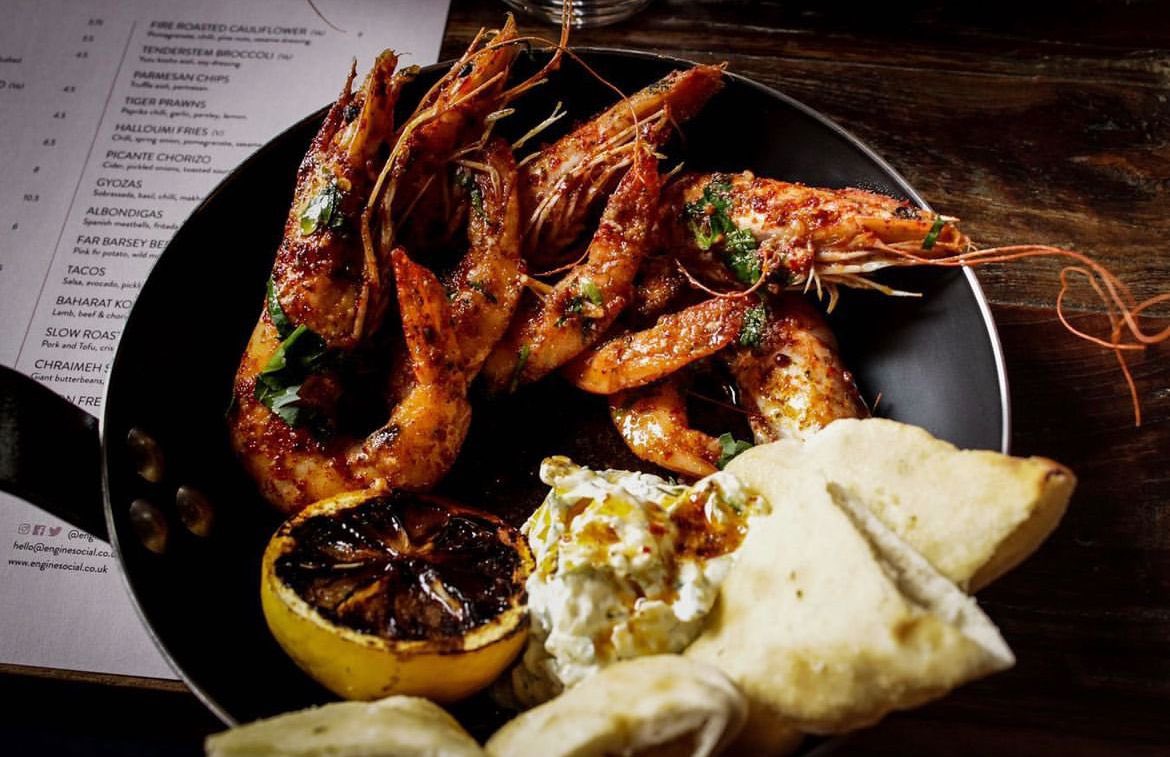 On the specials today - Harissa &amp; orange marinated crevettes with courgette tzatziki &amp; spiced pitta. #enginesocial #sowerbybridge #michelinguide