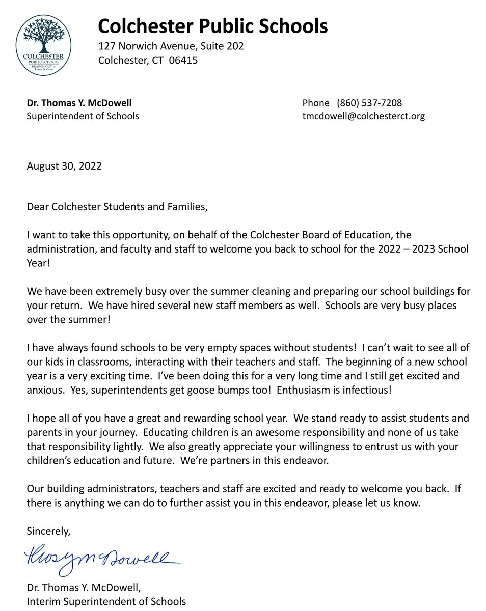 NEWS (@colschools) on Twitter photo Welcome Back Colchester Public Schools!  Please see Dr. McDowell's Welcome Back Letter below. Welcome Back Colchester Public Schools!  Please see Dr. McDowell's Welcome Back Letter below.
