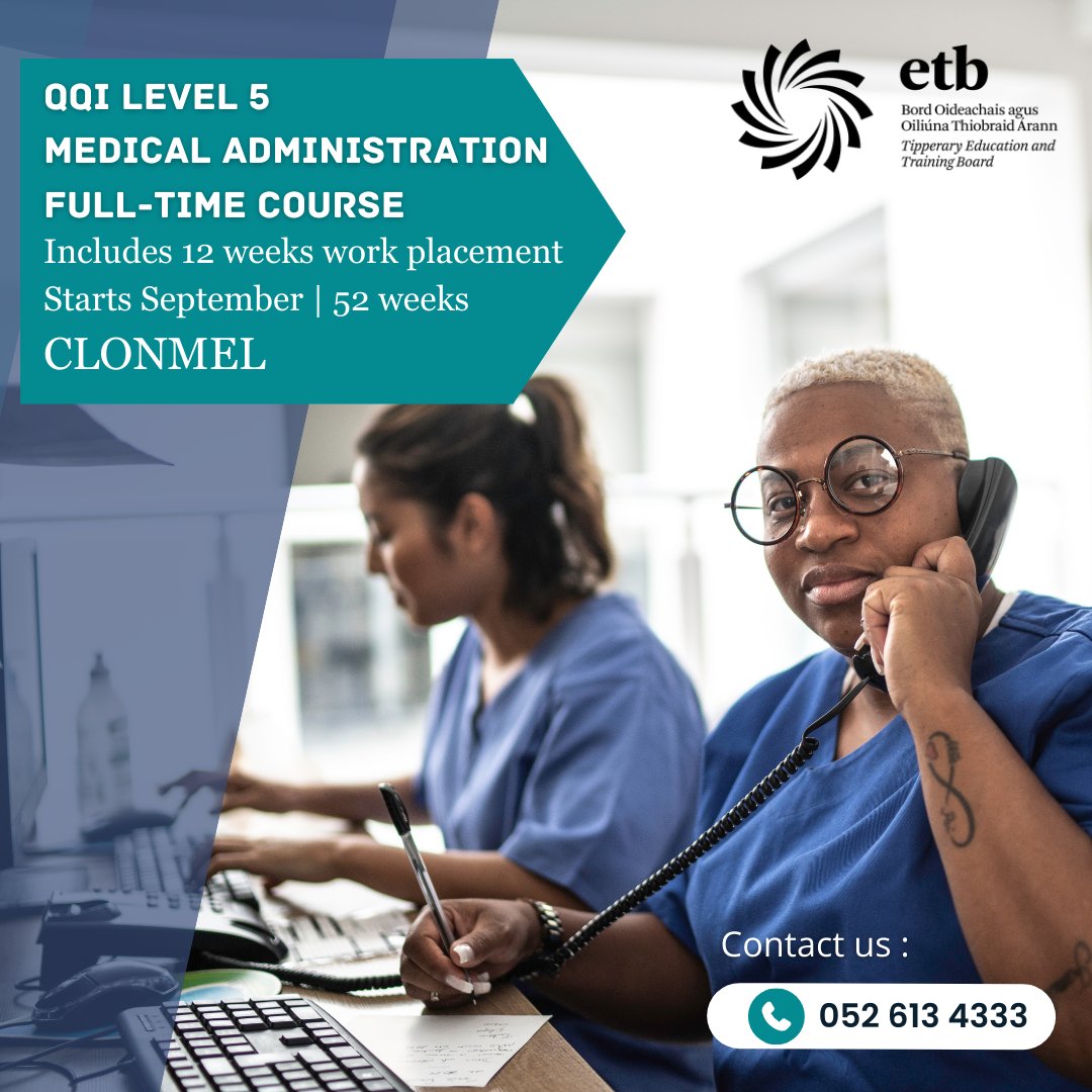 TipperaryETB's tweet photo. Start you career as a Medical Secretary with the ETB. This 52 week, Full-Time Course starts this September in Clonmel. Apply here: https://t.co/RbjGqqavBM. For queries, please email: courses@tipperaryetb.ie. 
#medadmin #medical #jobsindemand #newcareer #etb #tipperaryetb #clonmel https://t.co/s4sWqzr7qU