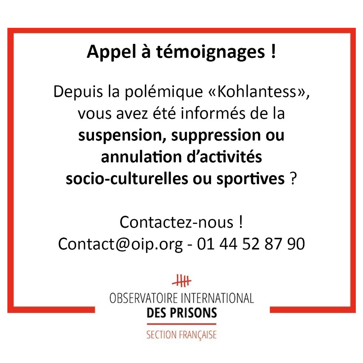 Appel à témoignages ! Activités socio-culturelles et sportives annulées, suspendues, supprimées ? Contactez-nous ! contact@oip.org - 01 44 52 87 90