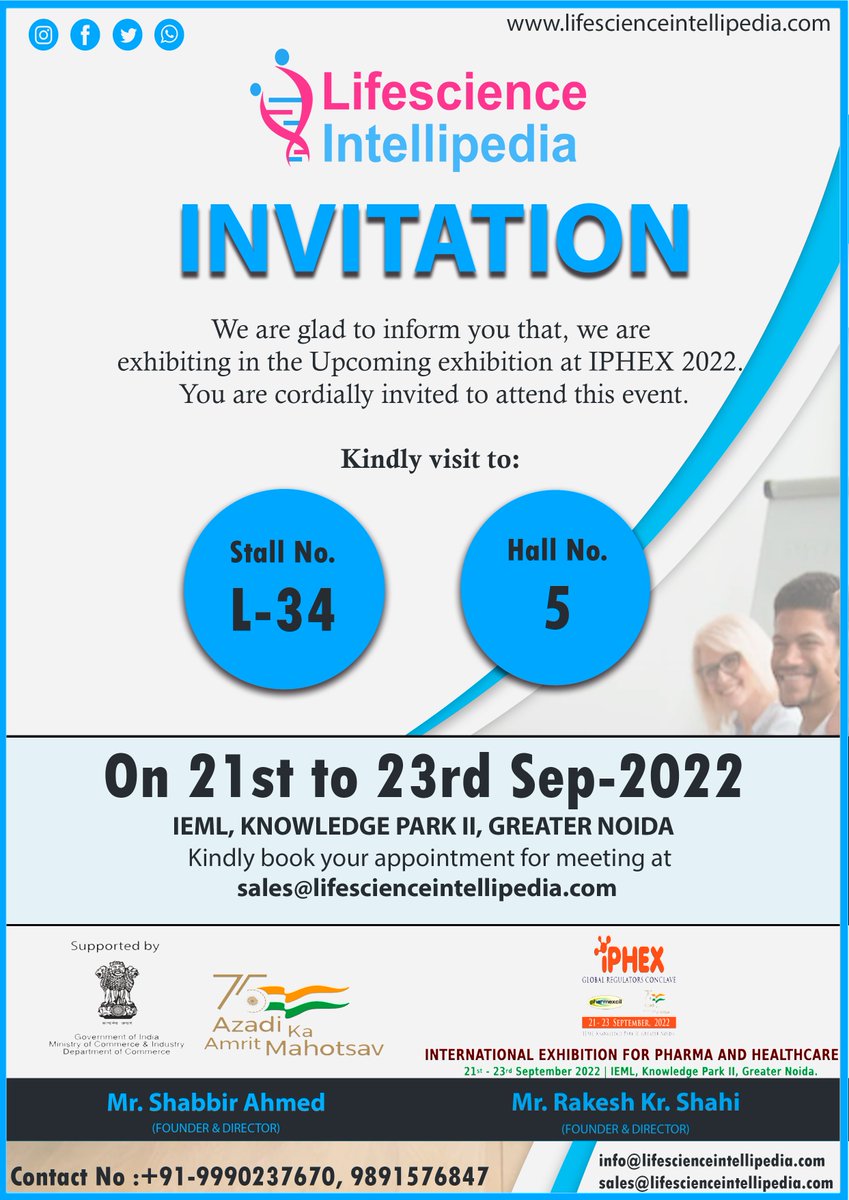LIntellipedia's tweet photo. Lifescience Intellipedia Pvt. Ltd. is #exhibiting in the upcoming exhibition at @IPHEX2022. 
IPHEX 2022 to be held on 21st-23rd Sep 2022 at India Exposition Mart Ltd, Knowledge Park – II, Gautam Budh Nagar, Greater Noida. Please visit to Stall no. L- 34 In Hall no - 5.
#event https://t.co/zW6zPKOFU8