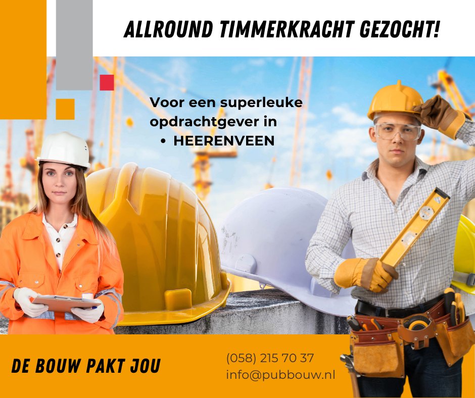 PUBBOUW's tweet photo. √  Hallo. Wij zijn PUB. Mogen wij je (vast)pakken voor een baan in de bouw? Je kunt als TIMMERKRACHT direct beginnen bij een superleuke opdrachtgever in HEERENVEEN! 💪

PUBkracht worden? Neem dan meteen contact op⤵
☏ 058 215 7037

#pubbouw #bouwbricks #deuitzendervoordebouw https://t.co/mryN06hPjq
