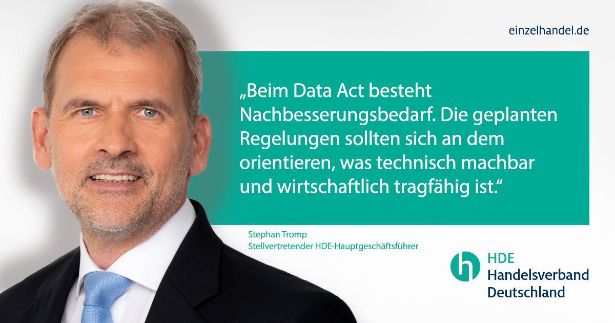 handelsverband's tweet photo. #DataAct: HDE fordert praxisnahes EU-#Datengesetz https://t.co/8GywMLPska #Einzelhandel https://t.co/HW3O7bOIyQ