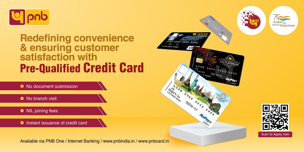 pnbindia's tweet photo. Convenience is the new norm with the launch of PNB's Pre-Qualified Credit cards! Get yours TODAY
#PreQualifiedCreditCard #CreditCard #AmritMahotav https://t.co/DOtNNcoRek