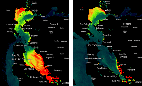 Ian__Wren's tweet photo. Maybe the SF Bay algae bloom is dissipating? Sentinel 3 imagery of chlorophyll intensity suggests so (Aug 27 on left vs. Aug 30) https://t.co/jpK3wE3HAw