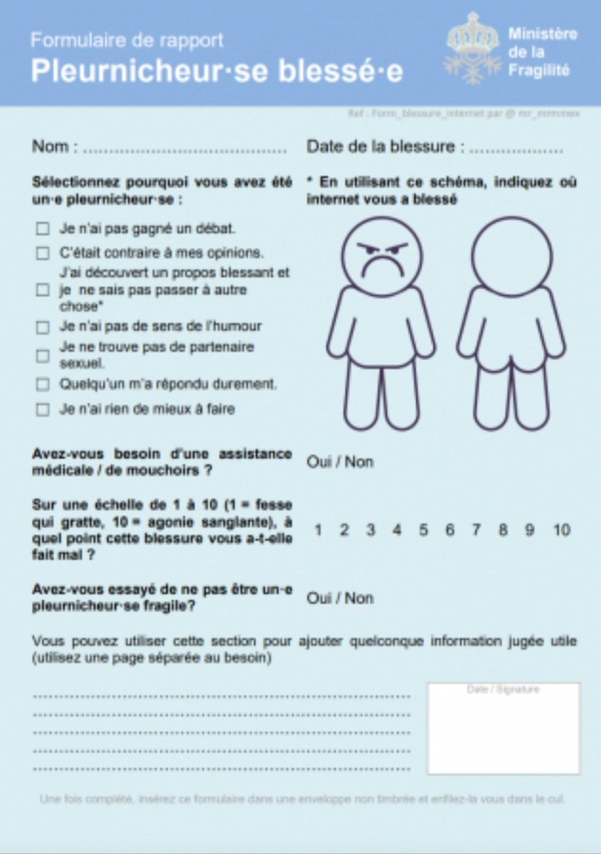 Dav62802268's tweet photo. @Swagoat200 @xX_Nathan974_Xx @PaperOfDream @Chaykh_Raslann1 @chamelieradic @palindrus2000 @Elodiplodocus__ @JLMelenchon Je travaille au ministère de la fragilitée. je te transmet un exemplaire du cerfa 25 pour les réclamations. A retourner rempli et signé a l adresse : ministère-fragilitée@gouv.fr 
Cordialement. https://t.co/7qyYe9Mbd8