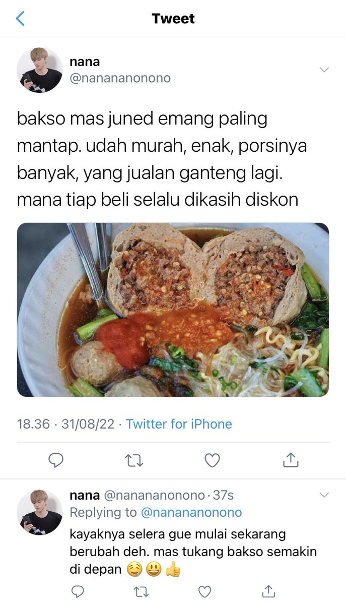 DPRXOLA's tweet photo. nomin fewtweet au

jm as nana (pembeli)
jn as mas juned (tukang bakso)

—bakso mas juned semakin di depan https://t.co/gkEtCEsrIG