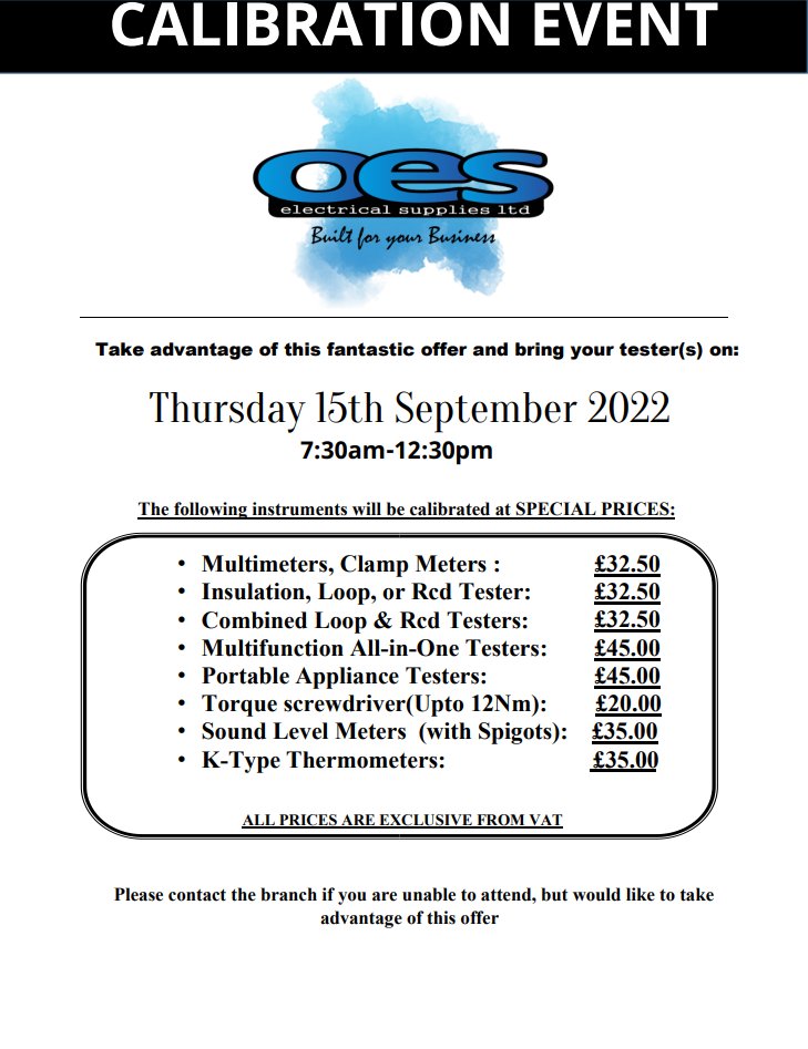 We are holding a Calibration Event on Thursday 15th September! All information needed is stated below, we hope to see you in-store to take advantage of this amazing offer!
Thanks,
The OES Team
#wholesale #electrical