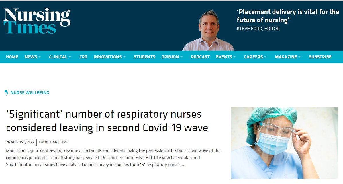 Our study findings highlighted by nursing times show a high number of nurses working in respiratory areas considered leaving nursing during the pandemic nursingtimes.net/news/nurse-wel… @NursingTimes