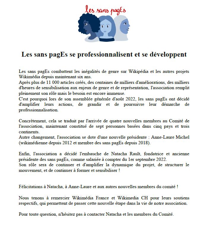 lessanspagEs's tweet photo. Nous avons une bonne nouvelle à vous annoncer : les sans pagEs se professionnalisent et se développent ! Voici notre communiqué, qu'on détaille dans les tweets suivants 👇
#biaisdegenre #letsfillthegendergap 1/8 https://t.co/Bsq6mnjEVu