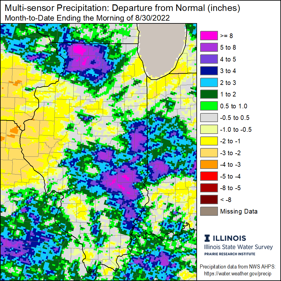 Tomorrow brings the end to another summer month of highly variable rainfall in Illinois. This month was the wettest August on record in Freeport (12.82") and 5th wettest in Rockford (8.88"). But it was also the 6th driest on record in Quincy (0.72"). #ilwx