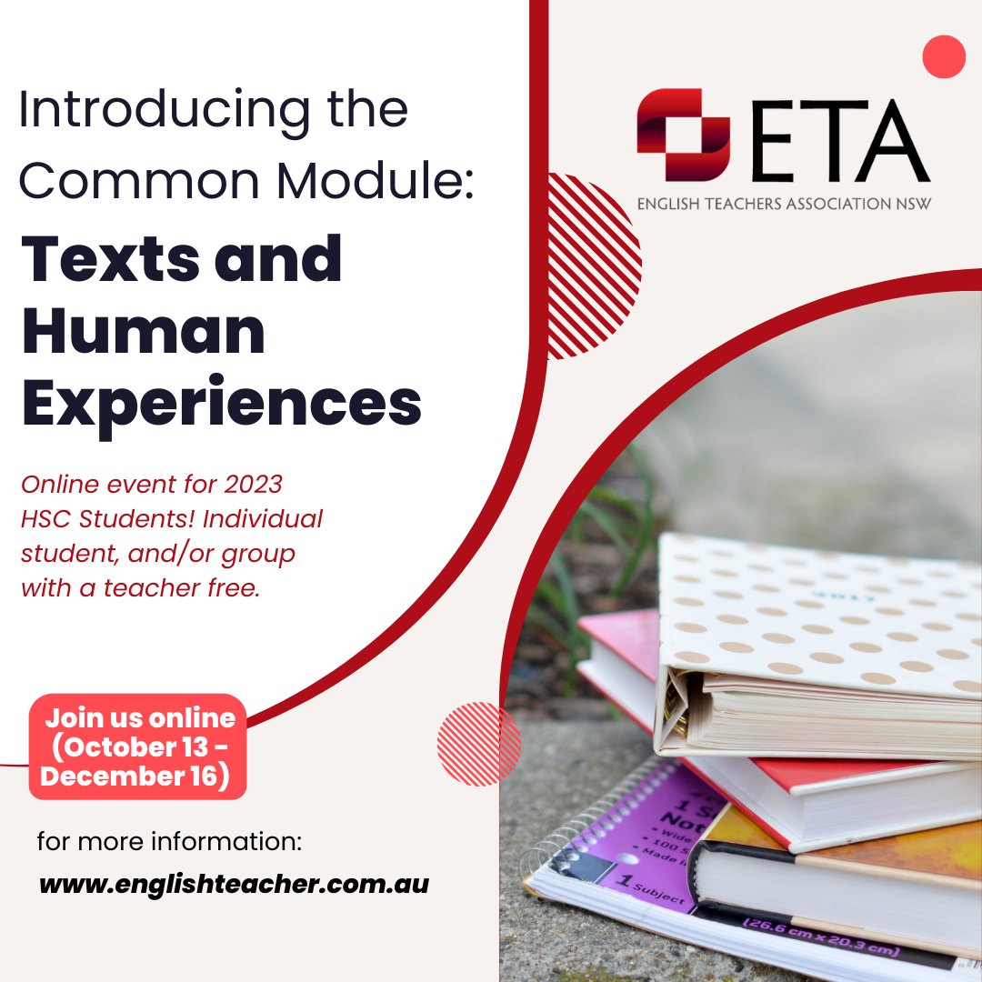 Registrations are open for 'Introducing the Common Module: Texts and Human Experiences', an online event for 2023 students and their teachers. For more information on the program and registration form please visit: englishteacher.com.au/events/event/i… #etansw #etapd #englishteacher