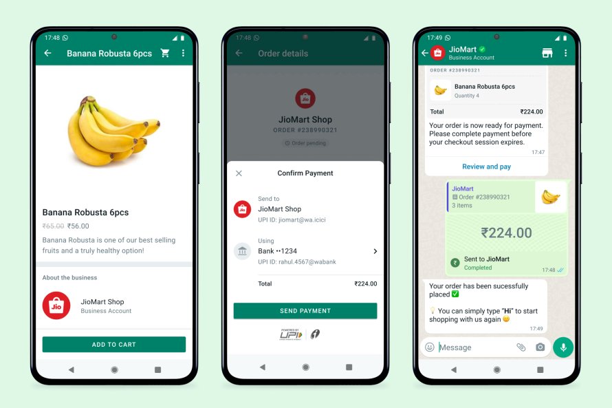 glenngabe's tweet photo. Meta's WhatsApp starts in-app shopping through India’s JioMart (Meta invested $6B into JioMart in 2020)

"This in-app WhatsApp shopping push will be the first time users will be able to browse and purchase products without leaving the app." https://t.co/IFP0cDVm4p https://t.co/sI0bsarXoT
