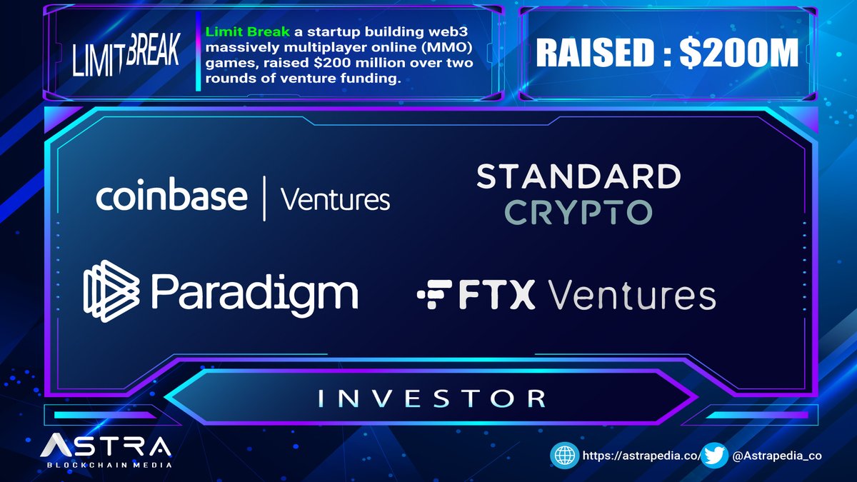 📌Mobile gaming firm <a href="/limitbreak/">Limit Break</a> 
 raised $200M in two funding rounds led by 
<a href="/paradigm/">Paradigm</a>  and <a href="/standardcrypto/">Standard Crypto</a> 
<a href="/FTX_Official/">FTX</a> , <a href="/coinbase/">Coinbase 🛡️</a>  and Positive Sum also participated in the round.
theblock.co/post/166268/mo…

#Astrapedia #fundraising #gaming #MOBA