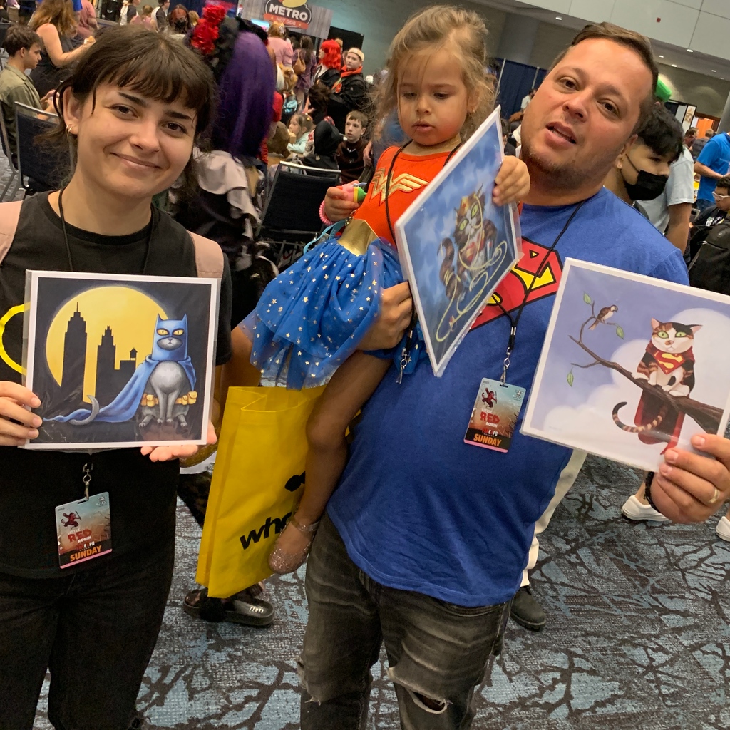GeekyPetNFT's tweet photo. How cute is this little DC family that stopped by my booth at @fanexpocanada ?
https://t.co/V0c1BZZX0J
#catart #fanexpocanada #fanexpo2022 #fxc22 #fanexpo #fanart #catlover #catmom #catillustrator #catartist #batcat #batman #wonderwoman #superman #supercat #cosplay https://t.co/fZGy1FpTzE