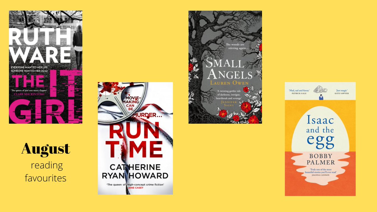 MrsMHudson221b's tweet photo. August reading wrap-up, highly recommend them all!
#TheItGirl @RuthWareWriter
#RunTime @cathryanhoward
#SmallAngels @pioneers_o
#IsaacAndTheEgg @thebobpalmer https://t.co/zjyYGD2WxO