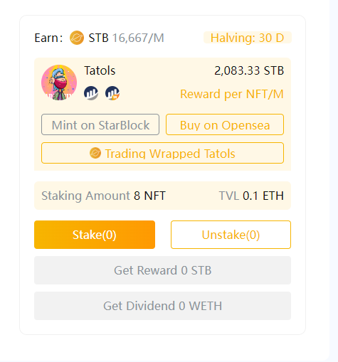 StarBlockNFT's tweet photo. #Tatols #FarmingPool is online!
8 NFTs has already been staked to farm 100,000 $STB pool in ten minutes! @tatolsnft
We have many staking pools where you can stake your #NFT to get free $STB reward, click: https://t.co/cwAwIwYQC4
#StarBlock #NFTMarketplace #NFTFarming #NFTStaking https://t.co/vF3l1yYJoA