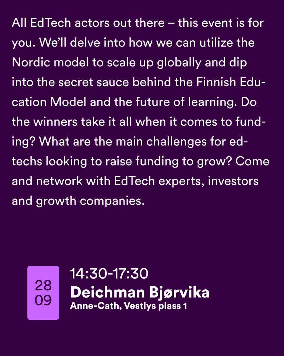 FinlandOslo's tweet photo. 📢#EdTech actors – our event at Oslo Innovation Week is for you. At “Nordic Co-operation in EdTech” we’ll delve into how we can utilize the Nordic model to scale up globally. In cooperation with @BusinessFinland @IKTNorge @brighteyevc @edu_EEF. #oiw2022
➡️https://t.co/8VH5JQxvG4 https://t.co/7IB0Yi333U