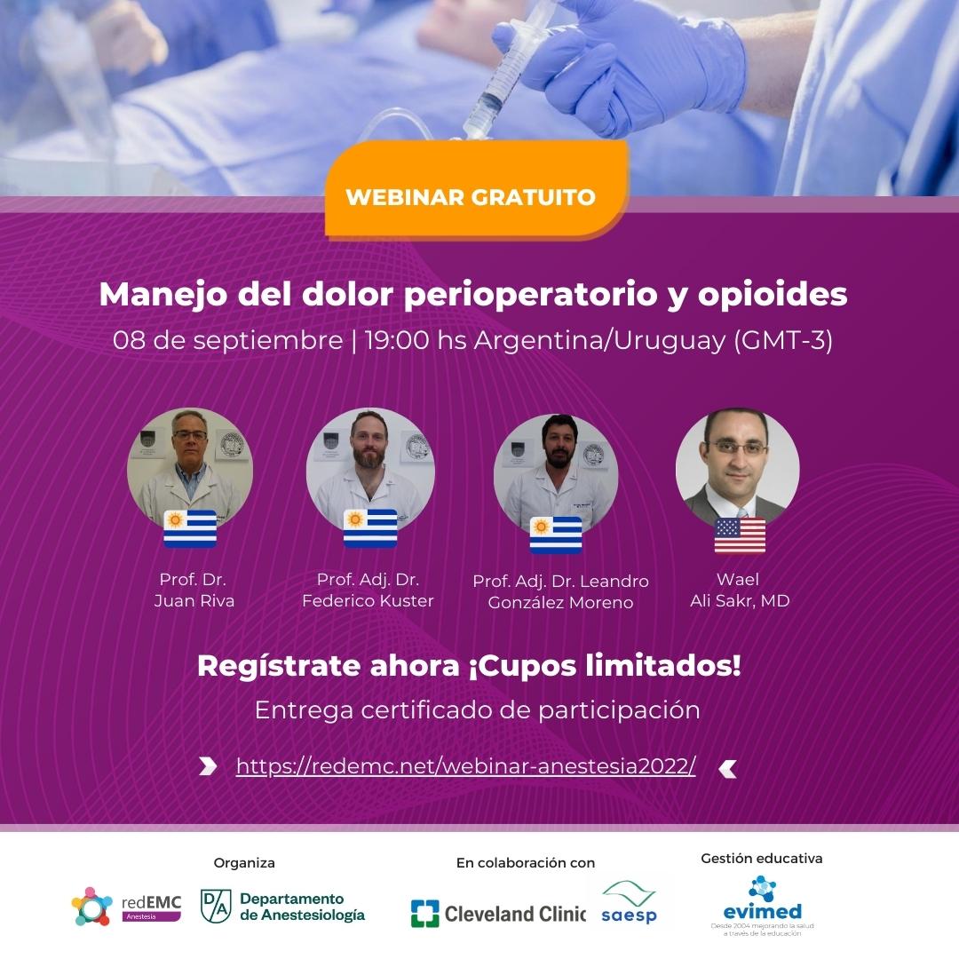 💬 Webinar gratuito - Manejo del dolor perioperatorio y opioides. Evento inaugural del curso de Actualización en Anestesiología 2022 organizado junto a <a href="/hcanestesia/">Unidad Académica de Anestesiología</a> 

¡Registro gratuito! 👉 bit.ly/3CO4x2y