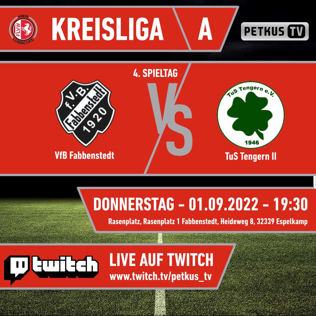 petkusTV's tweet photo. 4. Spieltag in der #Kreisliga A #Lübbecke. Der Zweitplatzierte VfB Fabbenstedt mpfängt den Drittplatzierten TuS Tengern II am Heideweg 8 in Espelkamp/Fabbenstedt. Kommt vorbei oder schaltet ein bei uns auf Twitch 🙂

https://t.co/IELcCxMpqv https://t.co/puDVIVNtii