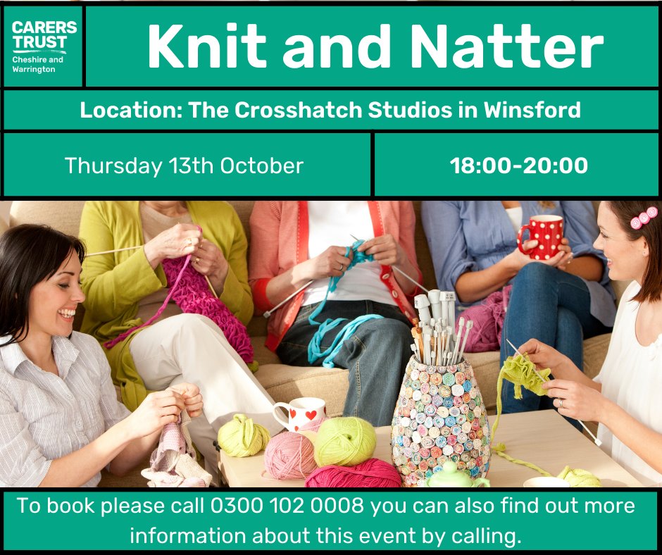 We have got a nice little community of knitters now, can we get anymore?
Call 0300 102 0008 to book or email booking@cheshireandwarringtoncarers.org