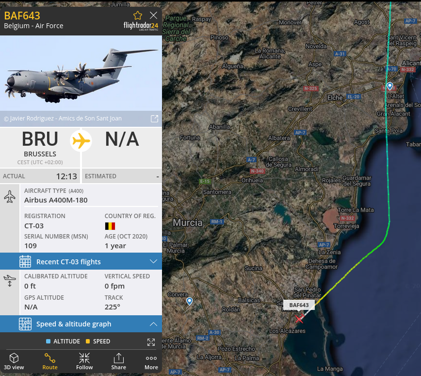 natxosorolla's tweet photo. Airbus militar belga des de #Brussels aterrant a #Murcia #SanJavier. S'ha sentit fort al #Matarranya.
#Airbus A400M-180 #BAF643 Belgium - Air Force #flightradar https://t.co/geGTbbe2L8