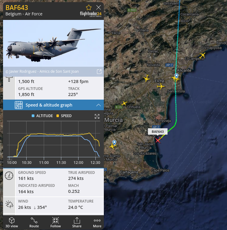 natxosorolla's tweet photo. Airbus militar belga des de #Brussels aterrant a #Murcia #SanJavier. S'ha sentit fort al #Matarranya.
#Airbus A400M-180 #BAF643 Belgium - Air Force #flightradar https://t.co/geGTbbe2L8
