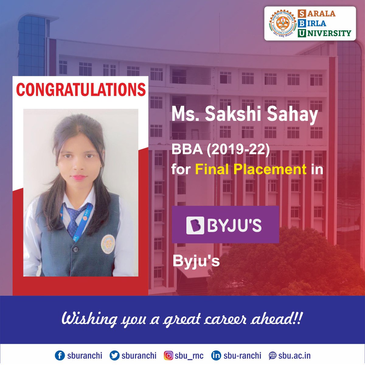 sburanchi's tweet photo. Congratulations to Ms. Sakshi Sahay of BBA 2019-22 Batch for her Final Placement in Byju's.
#sbu #sburanchi #campusplacement #finalplacement #bbaplacement #BBA #byjus https://t.co/IhNynCWDrn