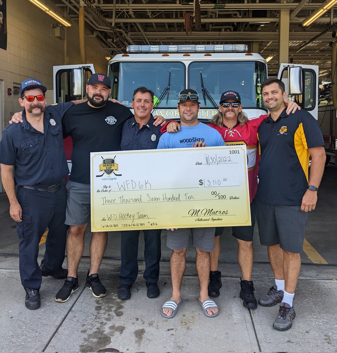 Yesterday @HerosCupHockey stopped by to present us with a check for our 2021-22 fundraising efforts. Thanks to all of your support we were able to raise $3,710 for the <a href="/WFD6K/">Worcester Fire 6k</a>!