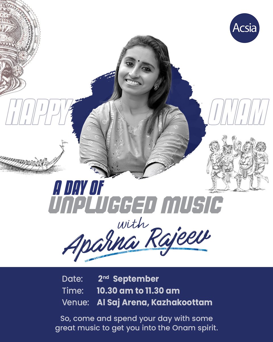 acsiatech's tweet photo. What’s Onam without Soulful Music? 
Join us for a mesmerizing musical experience, by the melodious singer Aparna Rajeev.
.
.
.
#onamcelebration #onam #musicaltime #onamspecial #melodiousvoice #acsia #acsiatech #acsiatechnologies https://t.co/0CG4OL9ZLQ