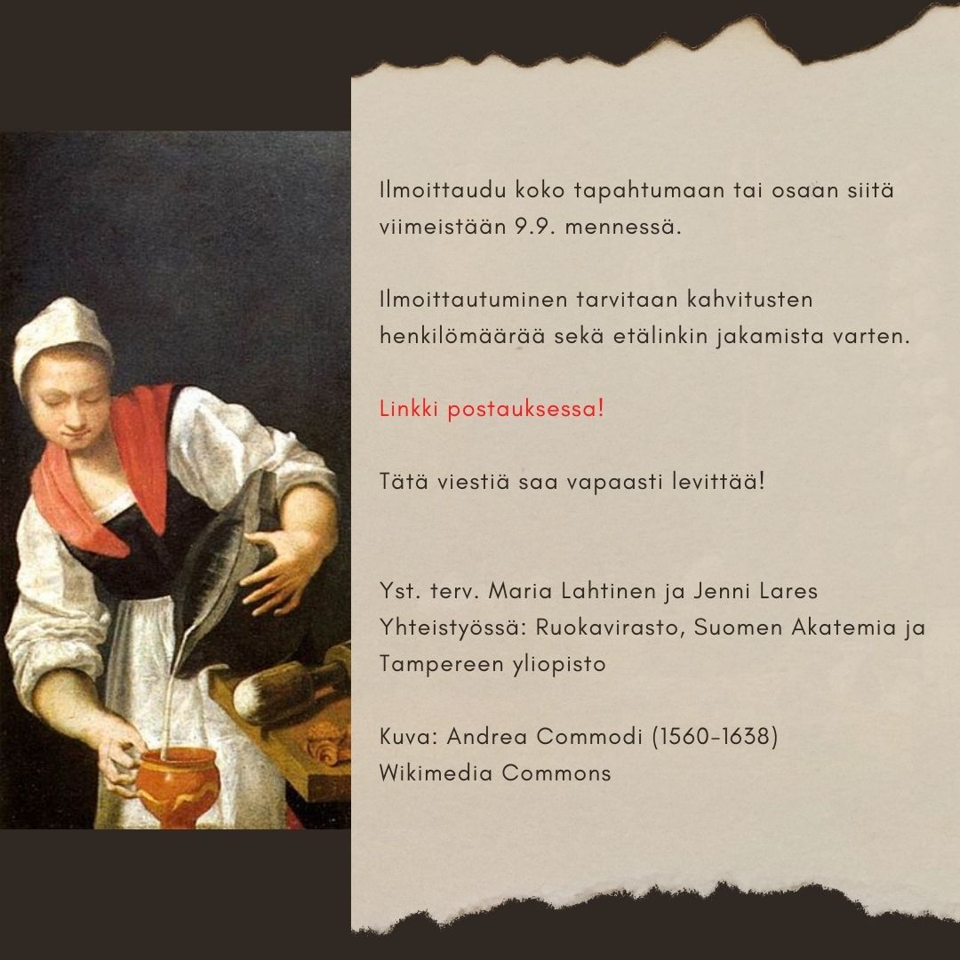 Tervetuloa ruokahistorian workshopiin Helsingin Viikissä Ruokaviraston Kalevi-salissa 15.-16.9.! Luvassa on monitieteisiä puheenvuoroja ruoan ja juoman tutkimuksesta aina rautakaudesta 1900-luvulle. 1/3