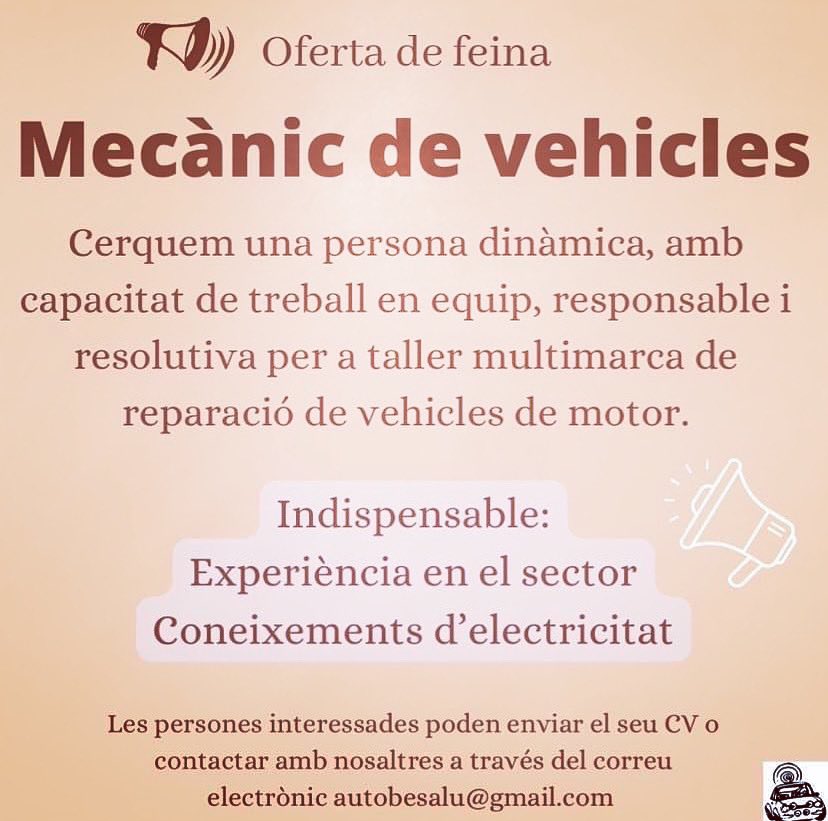 AutoBesalu's tweet photo. Busquem mecànic ⚙️

#ofertadefeina 
#ofertadefeinagirona
#besalu  
#garrotxa 
#pladelestany
#girona https://t.co/8AY34WeYot