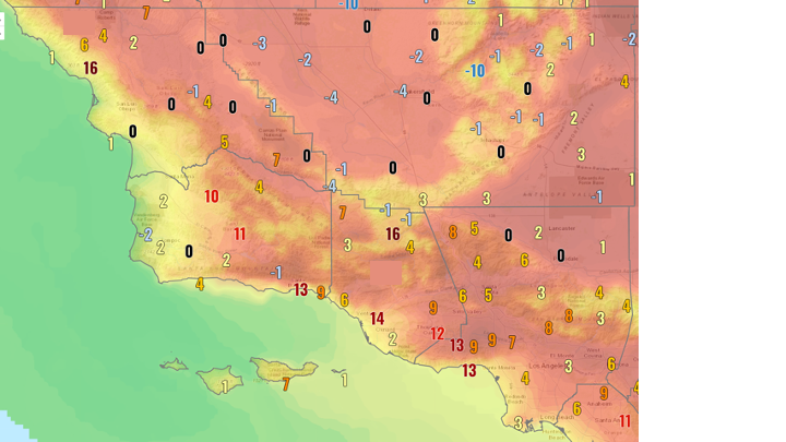 The prolonged and dangerous heat wave starts today with an Excessive Heat Warning going into effect at 11am over most of the area.  This graphic shows the change in temps from this time yesterday.  Several locations are already 10+ deg warmer.  #CAwx