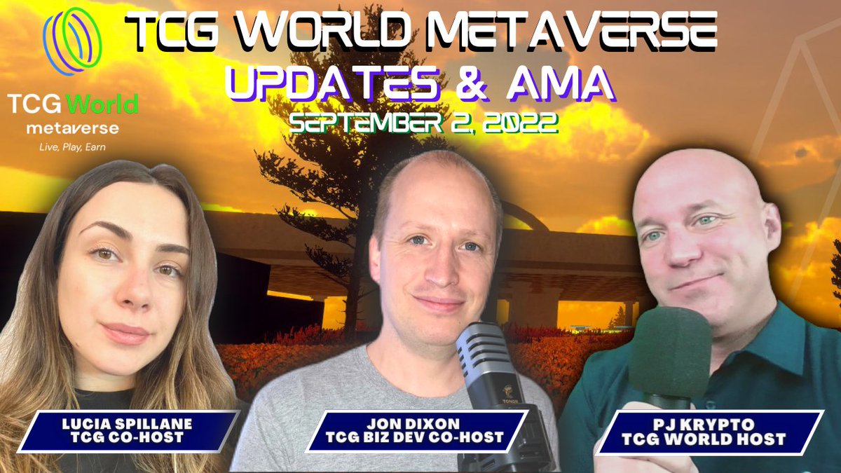 Tune in this Friday, September 2nd, for TCG World's AMA on YouTube with hosts: <a href="/PjKrypto/">PJ Krypto</a>, <a href="/JonDixonTCG/">JonDixonTCG</a>, and @lucia618spill!
⏰ 9AM PST | 4PM GMT
 
🗓Set a reminder now: youtu.be/oelMp_9plsw

📣 Join us on Telegram after the AMA for our Q&amp;A!
#Metaverse #Crypto