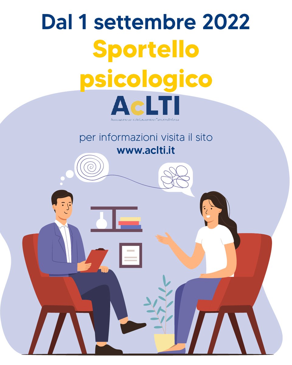 AcLTI's tweet photo. Dal primo settembre 2022 sarà attivo lo Sportello Psicologico AcLTI!💝
Un punto d'ascolto professionale e gratuito per le famiglie che hanno vissuto un momento di malattia, scopri di più sul sito https://t.co/fos3hobHxd https://t.co/FKd7kT6Npn