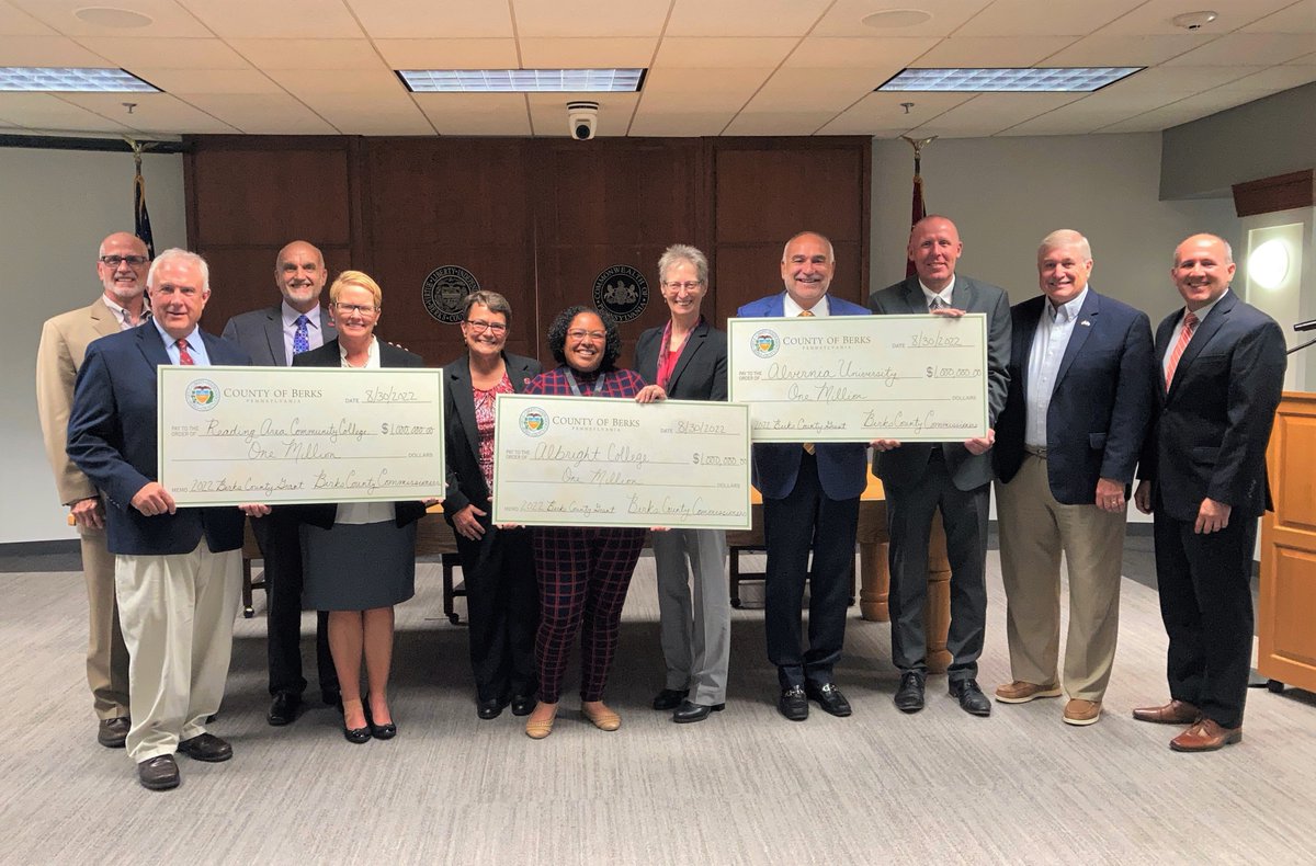 The Commissioners presented checks for $1 million grants to <a href="/AlbrightCollege/">Albright College</a>, <a href="/AlverniaU/">Alvernia University</a> and <a href="/RACC_edu/">Reading Area Community College</a>  on Tuesday to help fund legacy projects on their campuses as part of the 2022 County-funded grant program: bit.ly/3KCU782

#BerksCountyProud #BerksCountyGrantProgram