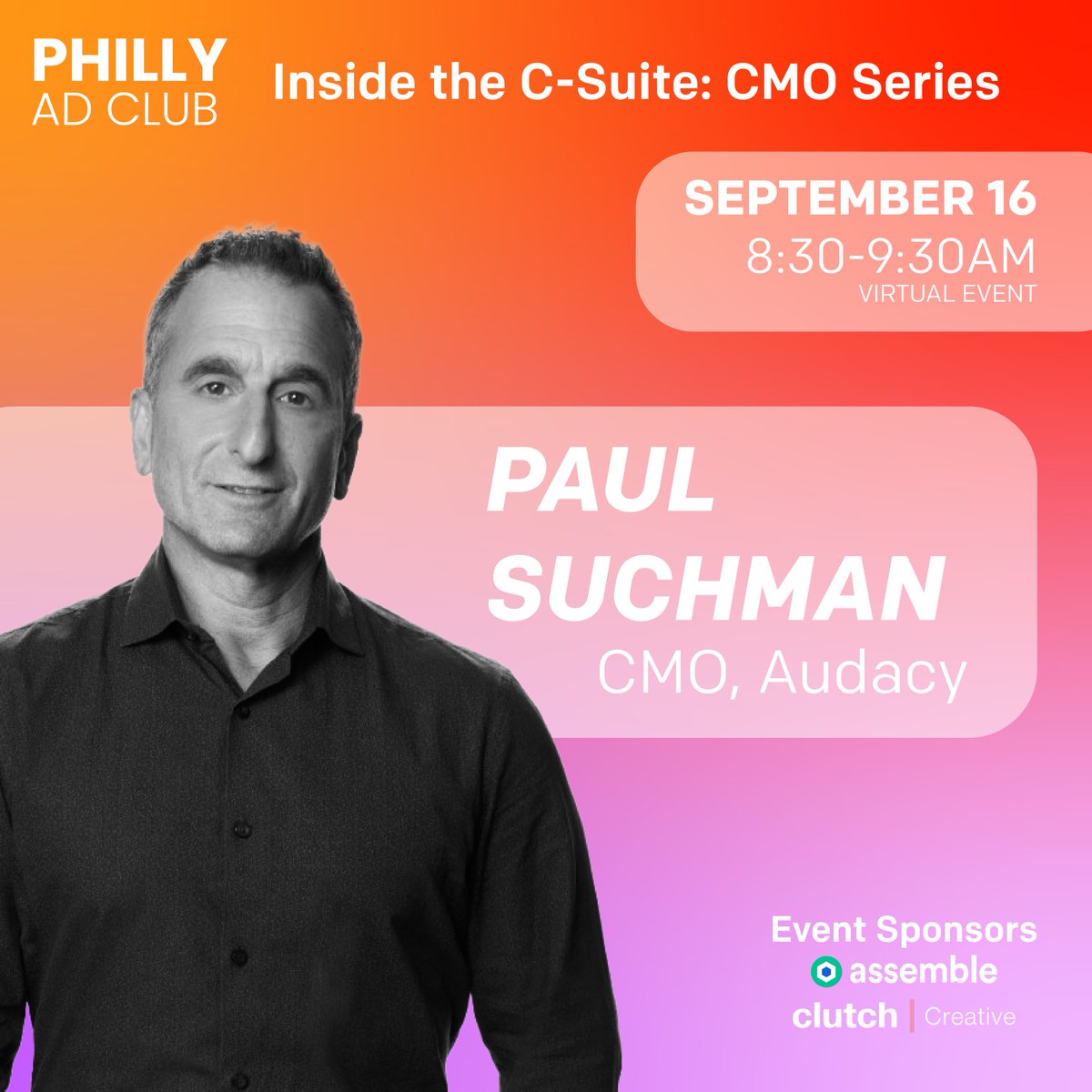 Philly Ad Club (@phillyadclub) on Twitter photo Meet the man behind the rebranding of Audacy!
Paul Suchman, #CMO <a href="/AudacyCorp/">AudacyCorp</a> is taking us #InsideTheCSuite for a virtual conversation on September 16 from 8:30-9:30am EST
Secure your spot today: ow.ly/N5y850KpcS7
#PhillyMarketing #PhillyAdClub #Marketing Meet the man behind the rebranding of Audacy!
Paul Suchman, #CMO <a href="/AudacyCorp/">AudacyCorp</a> is taking us #InsideTheCSuite for a virtual conversation on September 16 from 8:30-9:30am EST
Secure your spot today: ow.ly/N5y850KpcS7
#PhillyMarketing #PhillyAdClub #Marketing