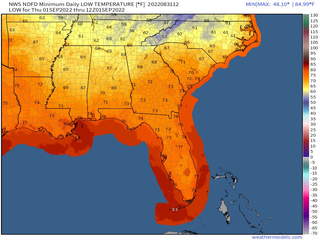 WTUSSoutheast's tweet photo. Although, some areas will certainly welcome a cooler than average night tonight with some areas further north potentially seeing upper 50s!

But, overall, a mix of 60s into the mid 70s can be expected tonight into tomorrow morning. https://t.co/a92CRO9vUD